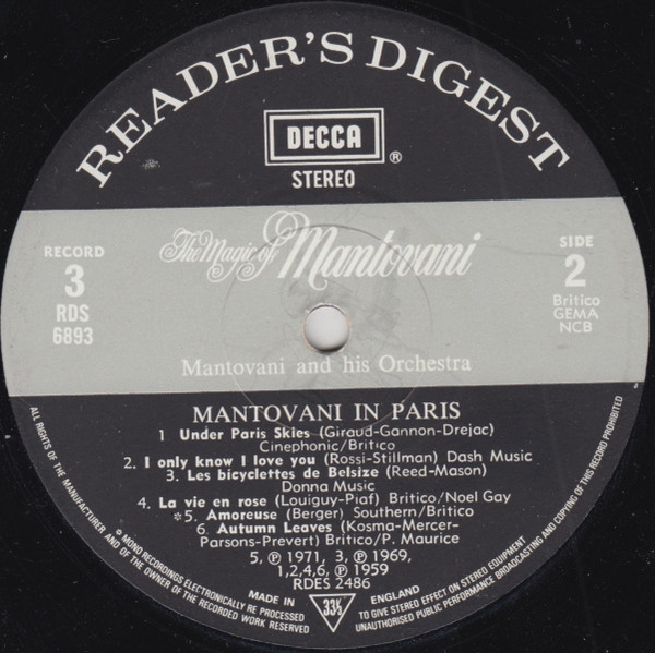 Mantovani And His Orchestra - In Paris | Decca (RDS 6893) - 3