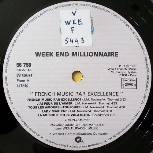 Weekend Millionnaire - French Music Par Excellence | Warner Bros. Records (56 758) - 3