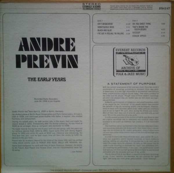André Previn - The Early Years | Everest Records Archive Of Folk & Jazz Music (FS-247)