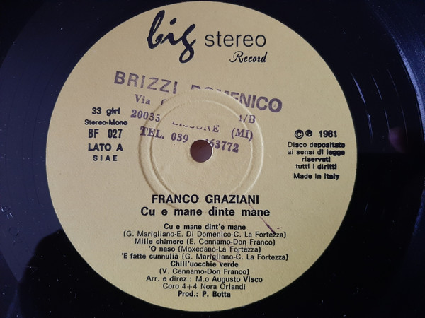 Franco Graziani - Il Successo Del Momento Cu 'E Mane Dint''E Mane | Big Stereo Record (BF 027) - 3
