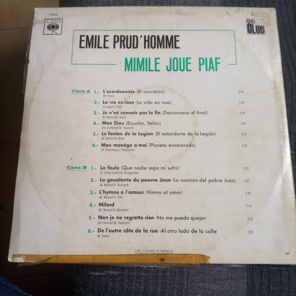 Emile Prud'Homme - Mimile joue piaf | CBS (52331) - 2