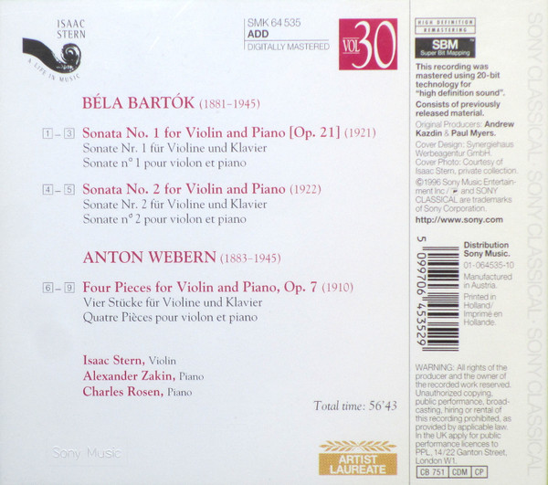 Béla Bartók , Anton Webern - Isaac Stern , Alexander Zakin , Charles Rosen - Violin Sonatas Nos. 1 & 2 / 4 Pieces Op. 7 | Sony Classical (SMK 64535) - 2