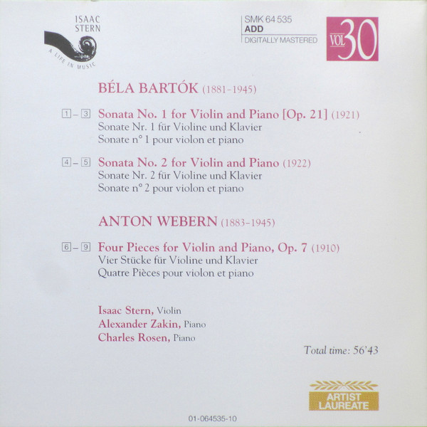 Béla Bartók , Anton Webern - Isaac Stern , Alexander Zakin , Charles Rosen - Violin Sonatas Nos. 1 & 2 / 4 Pieces Op. 7 | Sony Classical (SMK 64535) - 3