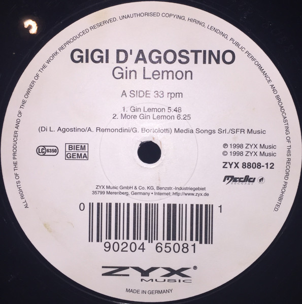 Gigi D'Agostino - Gin Lemon | ZYX Music (ZYX 8808-12) - main Gigi D'Agostino - Gin Lemon | ZYX Music (ZYX 8808-12) - main