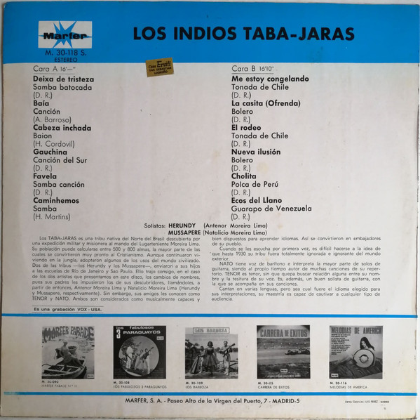 Los Indios Tabajaras - Canciones Populares Y Folklóricas De Hispanoamerica | Marfer (M.30-118 S) - 2
