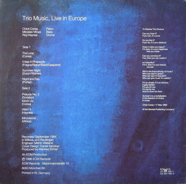 Chick Corea , Miroslav Vitous , Roy Haynes - Trio Music, Live In Europe | ECM Records (ECM 1310) - 2
