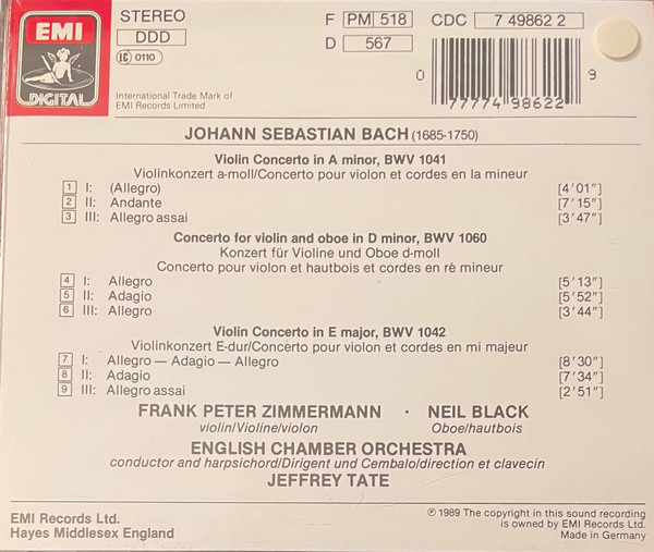 Johann Sebastian Bach , Frank Peter Zimmermann , Neil Black , English Chamber Orchestra , Jeffrey Tate - Violinkonzerte - Violin Concertos - Concertos Pour Violon | EMI Digital (7 49862 2) - 3
