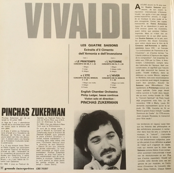 Antonio Vivaldi - English Chamber Orchestra - Philip Ledger , Basse Continue - Vilon Solo & Direction : Pinchas Zukerman - Les Quatre Saisons | CBS (CBS 76097) - 4