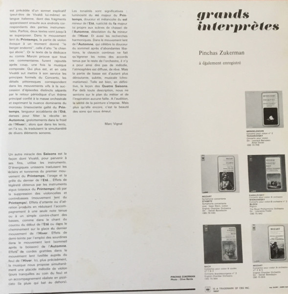 Antonio Vivaldi - English Chamber Orchestra - Philip Ledger , Basse Continue - Vilon Solo & Direction : Pinchas Zukerman - Les Quatre Saisons | CBS (CBS 76097) - 3
