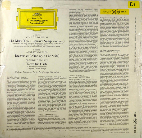 Claude Debussy / Albert Roussel – Suzanne Cotelle · Orchestre des Concerts Lamoureux · Igor Markevitch - La Mer · Tänze Für Harfe / Bacchus Et Ariane | Deutsche Grammophon (138 073 SLPM) - 2