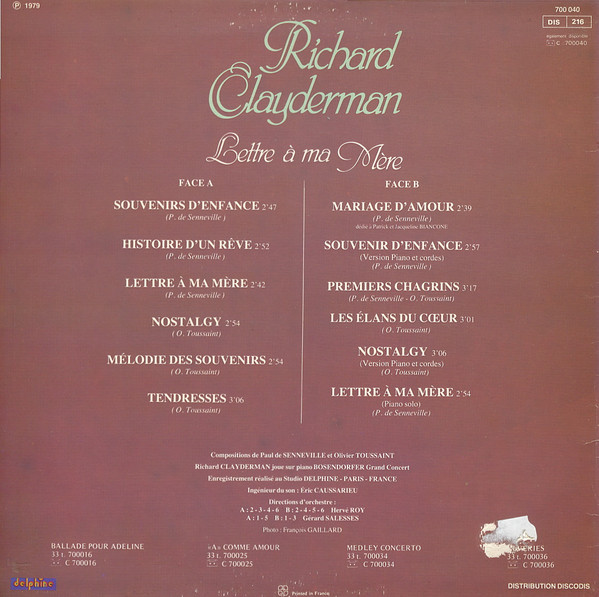 Richard Clayderman - Lettre À Ma Mère | Delphine (700 040) - 2 Richard Clayderman - Lettre À Ma Mère | Delphine (700 040) - 2