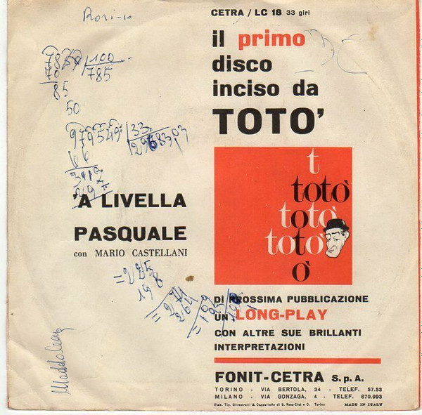Totò - 'A Livella / Pasquale | Cetra (LC 18) - 2