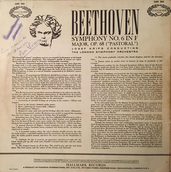 Ludwig van Beethoven , London Symphony Orchestra , Josef Krips - Symphony No. 6 In F. Major Op. 68 Pastoral | Hallmark Records (HM 504) - 2 Ludwig van Beethoven , London Symphony Orchestra , Josef Krips - Symphony No. 6 In F. Major Op. 68 Pastoral | Hallmark Records (HM 504) - 2