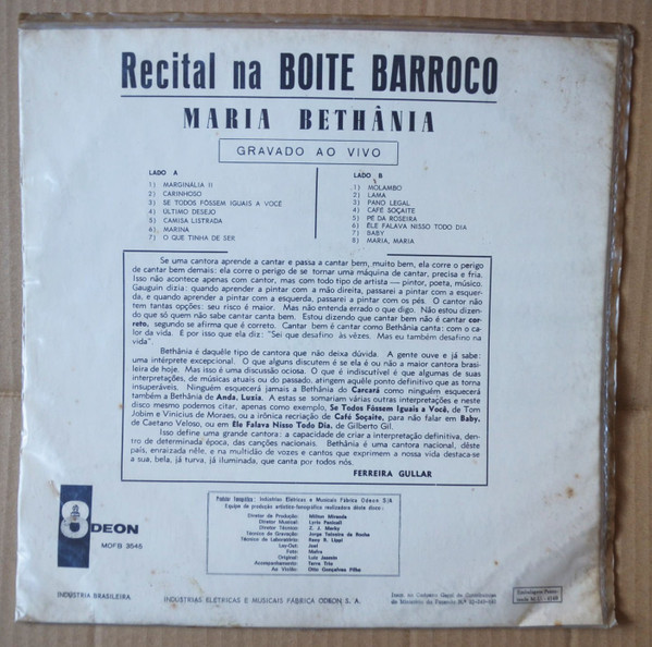Maria Bethânia - Recital Na Boite Barroco | Odeon (MOFB 3545) - 2