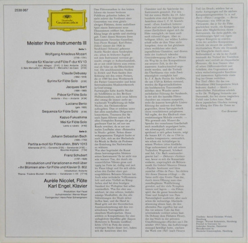 Wolfgang Amadeus Mozart , Claude Debussy , Jacques Ibert , Luciano Berio , Kazuo Fukushima , Johann Sebastian Bach , Franz Schubert - Aurèle Nicolet - Meister Ihres Instruments III: Aurèle Nicolet | Deutsche Grammophon (2538 067) - 2 Wolfgang Amadeus Mozart , Claude Debussy , Jacques Ibert , Luciano Berio , Kazuo Fukushima , Johann Sebastian Bach , Franz Schubert - Aurèle Nicolet - Meister Ihres Instruments III: Aurèle Nicolet | Deutsche Grammophon (2538 067) - 2