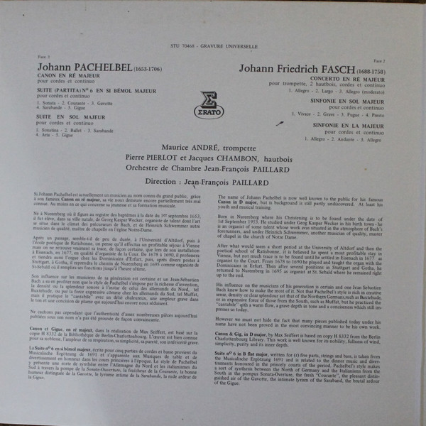 Johann Pachelbel / Johann Friedrich Fasch , Maurice André · Orchestre De Chambre Jean-François Paillard - Le Canon De Pachelbel & Deux Suites Pour Cordes / Le Concerto Pour Trompette De Fasch & Deux Symphonies | Erato (STU 70468) - 2 Johann Pachelbel / Johann Friedrich Fasch , Maurice André · Orchestre De Chambre Jean-François Paillard - Le Canon De Pachelbel & Deux Suites Pour Cordes / Le Concerto Pour Trompette De Fasch & Deux Symphonies | Erato (STU 70468) - 2