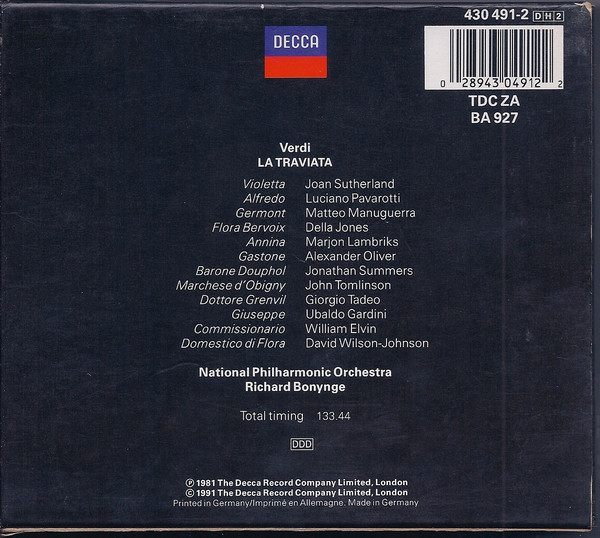 Giuseppe Verdi , Joan Sutherland , Luciano Pavarotti , Matteo Manuguerra , National Philharmonic Orchestra , Richard Bonynge - La Traviata | Decca (430 491-2) - 2