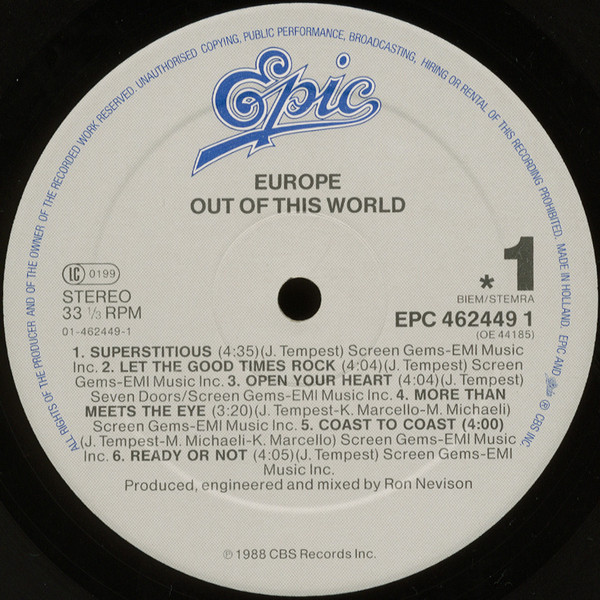 Europe - Out Of This World | Epic (EPC 462449 1) - 3