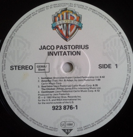 Jaco Pastorius - Invitation | Warner Bros. Records (92-3876-1) - 3 Jaco Pastorius - Invitation | Warner Bros. Records (92-3876-1) - 3