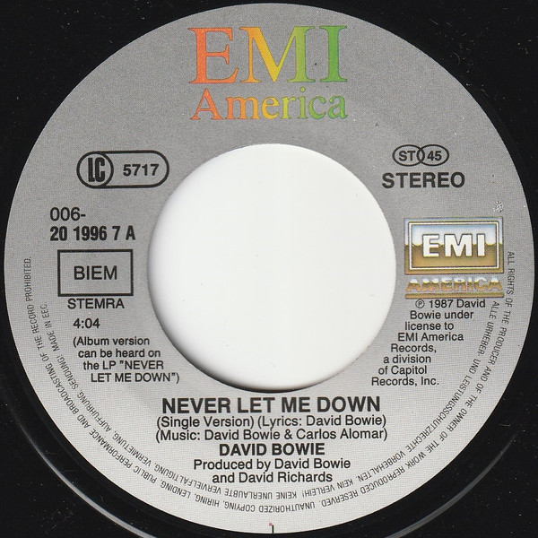 David Bowie - Never Let Me Down (Single Version) | EMI America (006-20 1996 7) - 3 David Bowie - Never Let Me Down (Single Version) | EMI America (006-20 1996 7) - 3
