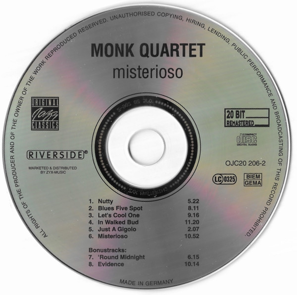 The Thelonious Monk Quartet - Misterioso | Original Jazz Classics (OJC20 206-2) - 3