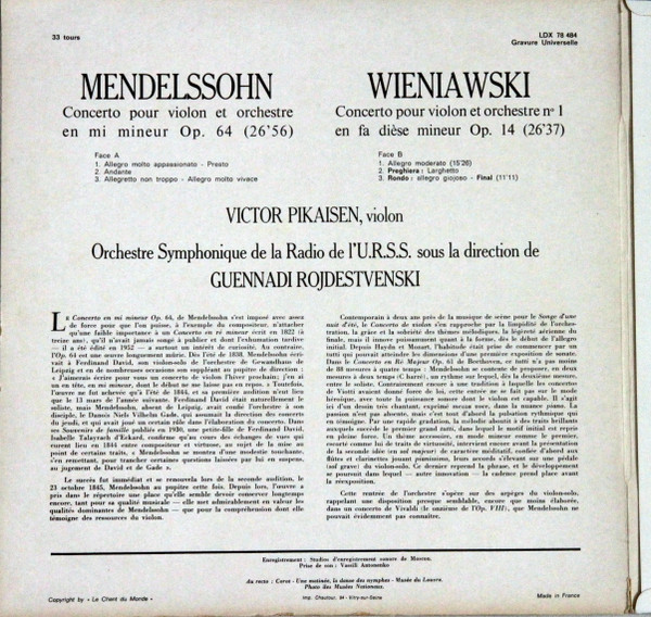 Felix Mendelssohn-Bartholdy / Henryk Wieniawski - Viktor Pikaizen , Большой Симфонический Оркестр Всесоюзного Радио , Gennadi Rozhdestvensky - Concertos Pour Violon | Melodia / Le Chant Du Monde (LDX 78484) - 3