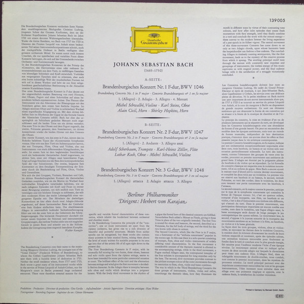 Johann Sebastian Bach , Herbert von Karajan - Berliner Philharmoniker - Brandenburgische Konzerte NR. 1, 2 & 3 | Deutsche Grammophon (139 005) - 2