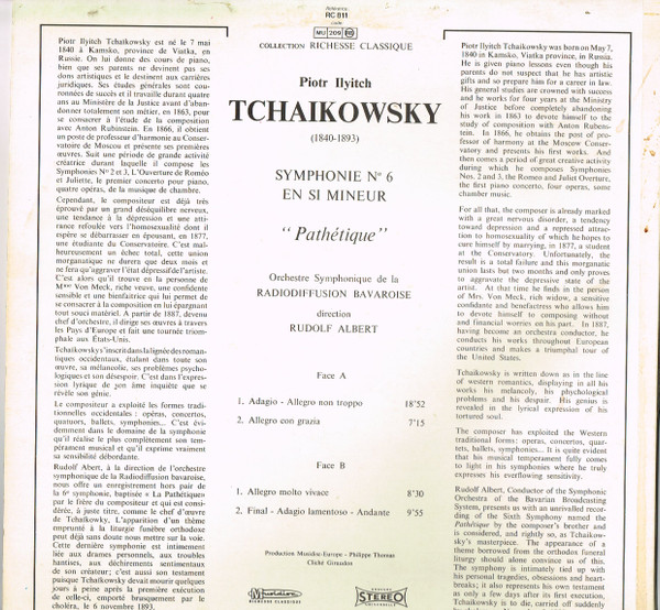 Pyotr Ilyich Tchaikovsky , Symphonie-Orchester Des Bayerischen Rundfunks Direction : Rudolf Albert - Symphonie No 6 En Si Mineur Opus 74 Pathétique | Musidisc (30 RC 811) - 2