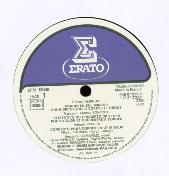 Tomaso Albinoni — Orchestre De Chambre Jean-François Paillard - L'Adagio D'Albinoni Et Quatre Concertos Vénitiens | Erato (EFM 18006) - 3