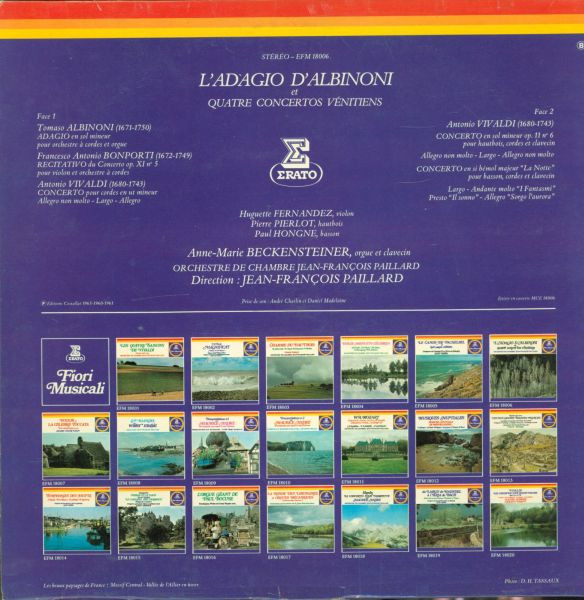 Tomaso Albinoni — Orchestre De Chambre Jean-François Paillard - L'Adagio D'Albinoni Et Quatre Concertos Vénitiens | Erato (EFM 18006) - 2
