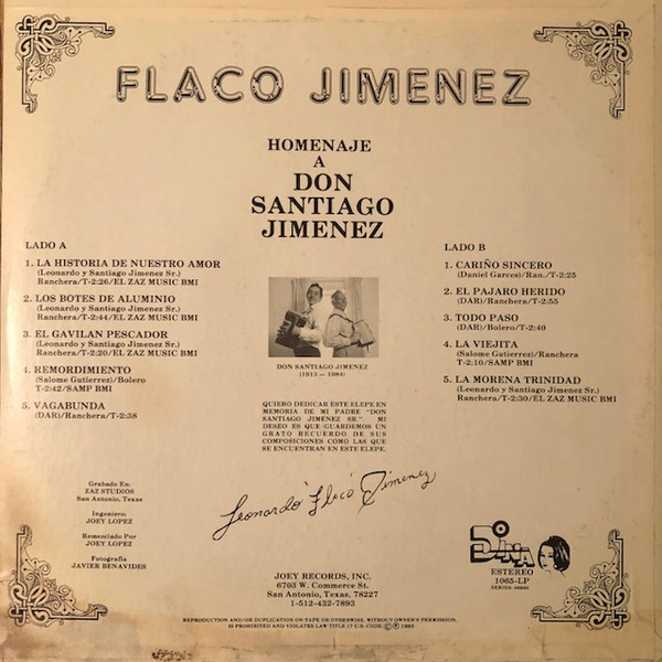 Flaco Jimenez - Homenaje A Don Santiago Jimenez | Dina (1065-LP) - 2 Flaco Jimenez - Homenaje A Don Santiago Jimenez | Dina (1065-LP) - 2