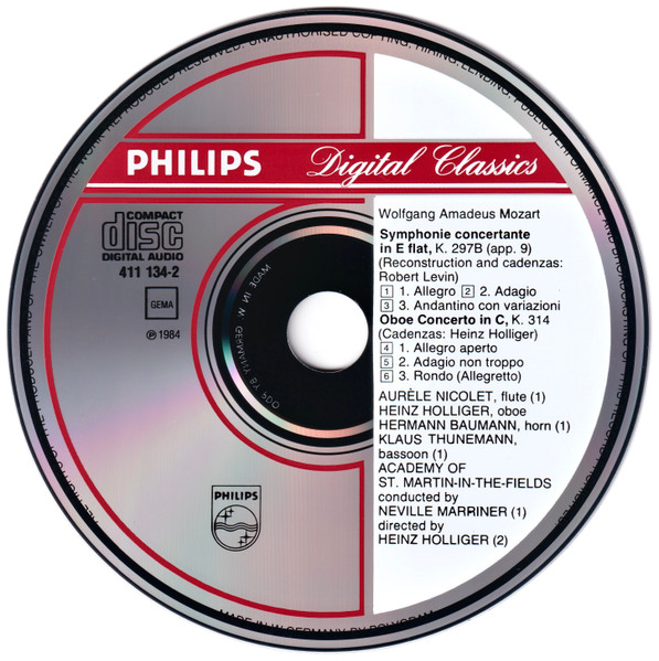 Wolfgang Amadeus Mozart - Sir Neville Marriner - The Academy Of St. Martin-in-the-Fields - Symphonie Concertante / Oboe Concerto | Philips (411 134-2) - 3