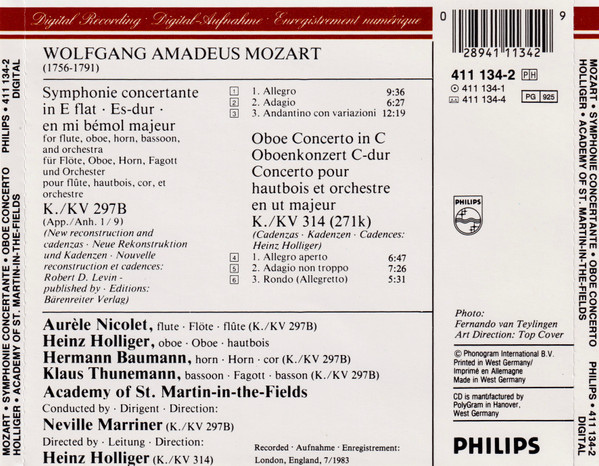 Wolfgang Amadeus Mozart - Sir Neville Marriner - The Academy Of St. Martin-in-the-Fields - Symphonie Concertante / Oboe Concerto | Philips (411 134-2) - 2