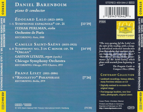 Camille Saint-Saëns / Édouard Lalo - Daniel Barenboim , Chicago Symphony Orchestra , Itzhak Perlman , Orchestre De Paris - Symphony No. 3 "Organ" / Symphonie Espagnole | Deutsche Grammophon (459 044-2) - 2