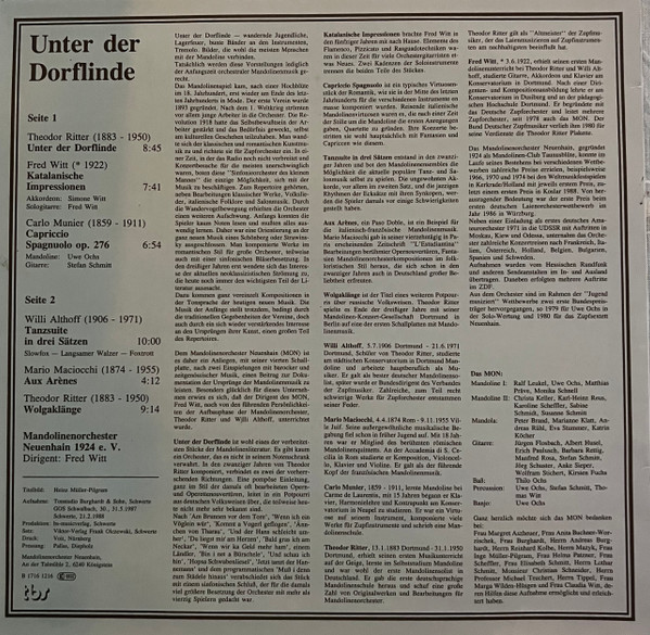 Fred Witt , Mandolinenorchester Neuehain - Unter Der Dorflinde | TBS Records (B 1716 1216) - 2 Fred Witt , Mandolinenorchester Neuehain - Unter Der Dorflinde | TBS Records (B 1716 1216) - 2
