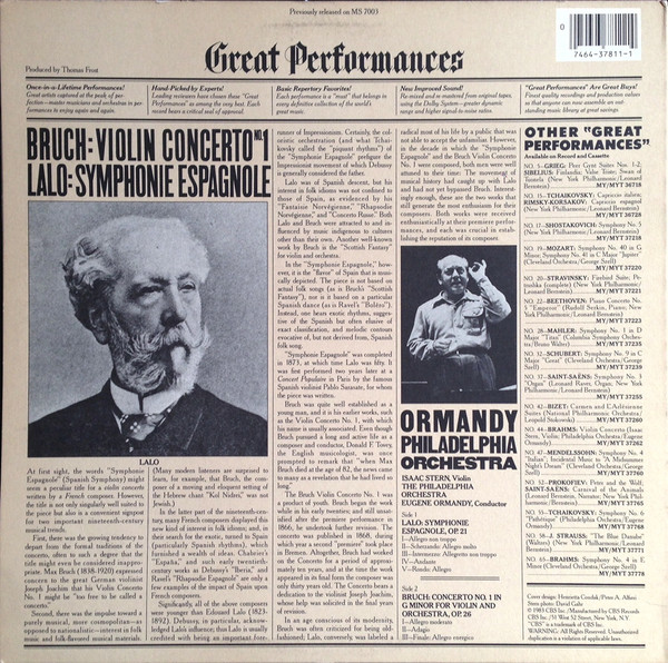 Max Bruch / Édouard Lalo - Isaac Stern , Eugene Ormandy , The Philadelphia Orchestra - Violin Concerto No. 1 / Symphonie Espagnole | CBS (MY 37811) - 2