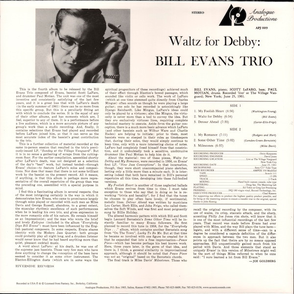 The Bill Evans Trio With Scott LaFaro , Paul Motian - Waltz For Debby | Analogue Productions (APJ 009) - 2