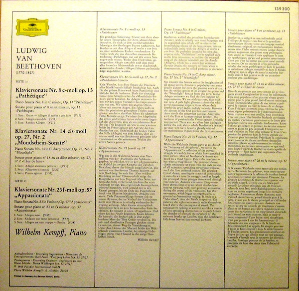 Ludwig van Beethoven – Wilhelm Kempff - Sonaten - Pathétique · Mondschein - Moonlight · Appassionata | Deutsche Grammophon (139 300) - 2