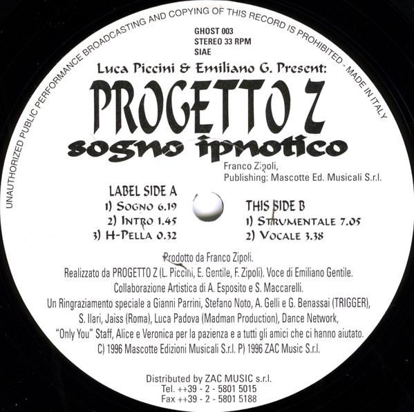 Luca Piccini & Emiliano Gentile Present Progetto Z - Sogno Ipnotico | Ghost Records (GHOST 003) - 2 Luca Piccini & Emiliano Gentile Present Progetto Z - Sogno Ipnotico | Ghost Records (GHOST 003) - 2