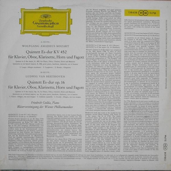 Wolfgang Amadeus Mozart , Bläservereinigung Der Wiener Philharmoniker , Friedrich Gulda , Ludwig van Beethoven - Quintette Für Klavier, Oboe, Klarinette, Horn Und Fagott | Deutsche Grammophon (SLPM 138 638) - 2
