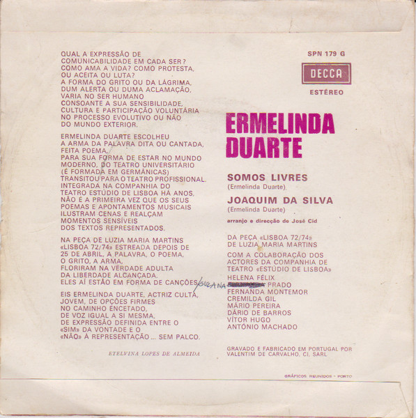 Ermelinda Duarte - Somos Livres / Joaquim Da Silva | Decca (SPN 179 G) - 2