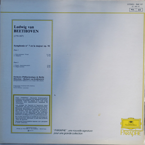 Ludwig van Beethoven , Berliner Philharmoniker , Herbert von Karajan - Symphonie No. 7 En La Majeur, Op. 92 | Deutsche Grammophon (2542 107) - 2