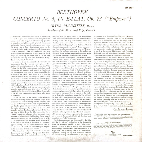 Ludwig van Beethoven , Arthur Rubinstein , Josef Krips , Symphony Of The Air - Concerto No. 5 (Emperor) | RCA Victor Red Seal (LM-2124) - 2 Ludwig van Beethoven , Arthur Rubinstein , Josef Krips , Symphony Of The Air - Concerto No. 5 (Emperor) | RCA Victor Red Seal (LM-2124) - 2