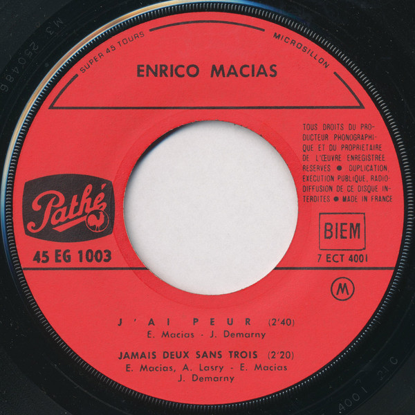 Enrico Macias - J'ai Peur | Pathé (EG 1003) - 3