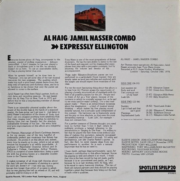 Al Haig/Jamil Nasser Combo With Art Themen , Tony Mann - Expressly Ellington | Spotlite Records (SPJLP20) - 2 Al Haig/Jamil Nasser Combo With Art Themen , Tony Mann - Expressly Ellington | Spotlite Records (SPJLP20) - 2