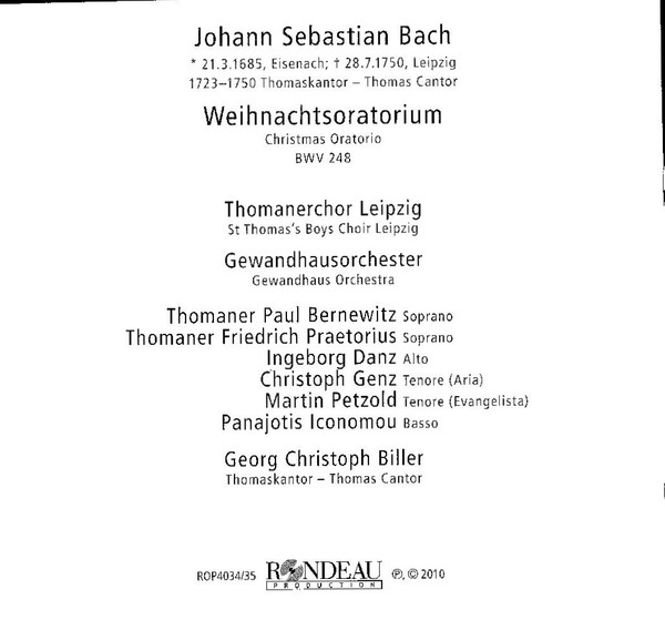 Johann Sebastian Bach - Thomanerchor , Gewandhausorchester Leipzig , Georg Christoph Biller - Weihnachtsoratorium BWV 248 / Christmas Oratorio BWV 248 | Rondeau Production GmbH (ROP4034/35) - 3