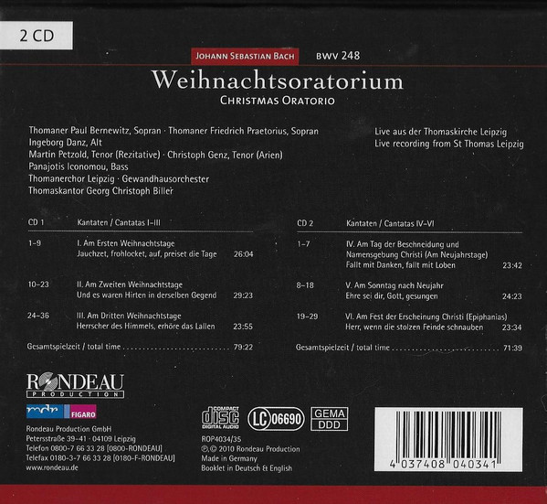 Johann Sebastian Bach - Thomanerchor , Gewandhausorchester Leipzig , Georg Christoph Biller - Weihnachtsoratorium BWV 248 / Christmas Oratorio BWV 248 | Rondeau Production GmbH (ROP4034/35) - 2