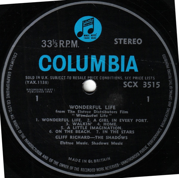 Cliff Richard & The Shadows - Wonderful Life | Columbia (SCX 3515) - 3
