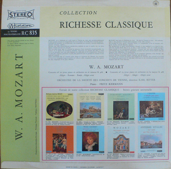 Wolfgang Amadeus Mozart - Fritz Kermann , Orchester Der Wiener Konzertvereinigung , Karl Ritter - Concerto N° 20 Pour Piano Et Orchestre En Ré Mineur, K 466 / Concerto N° 23 Pour Piano Et Orchestre En La Majeur, K 488 | Musidisc (30 RC 835) - 2