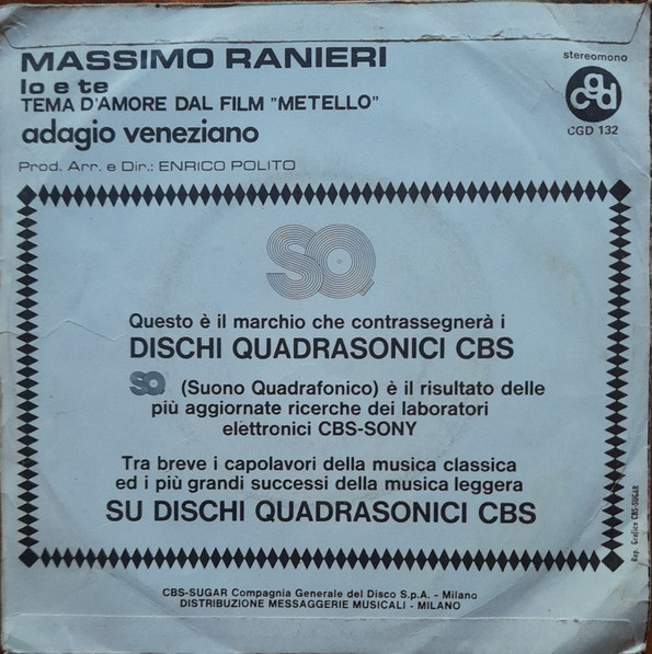 Massimo Ranieri - Io E Te / Adagio Veneziano | CGD (CGD 132) - 2